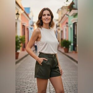 Milly High Waist Green Shorts Tailored Pleated Design